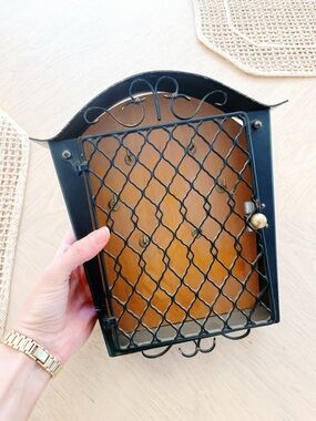 Wall-Mount Black Metal Key Holder with Decorative Lattice Door